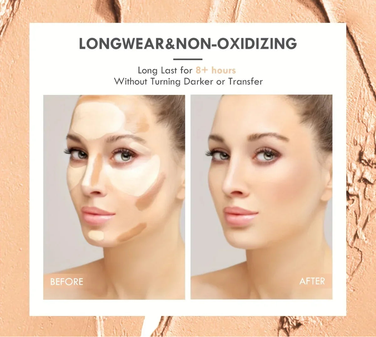 Résultat avant-après du stick correcteur PECOLOVERS : tenue longue durée de 8+ heures sans oxydation ni transfert pour un teint unifié et lumineux"