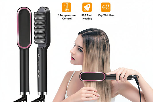  Brosse lissante chauffante professionnelle noire avec accent rose-doré et fil électrique : 5 niveaux de température, chauffage rapide 30 secondes, utilisation cheveux secs ou mouillés, démonstration sur cheveux blonds lisses