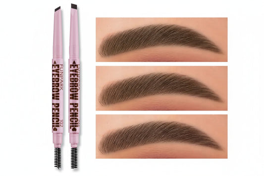 Trois sourcils parfaitement dessinés montrant différentes teintes de crayon à sourcils avec crayons roses à gauche