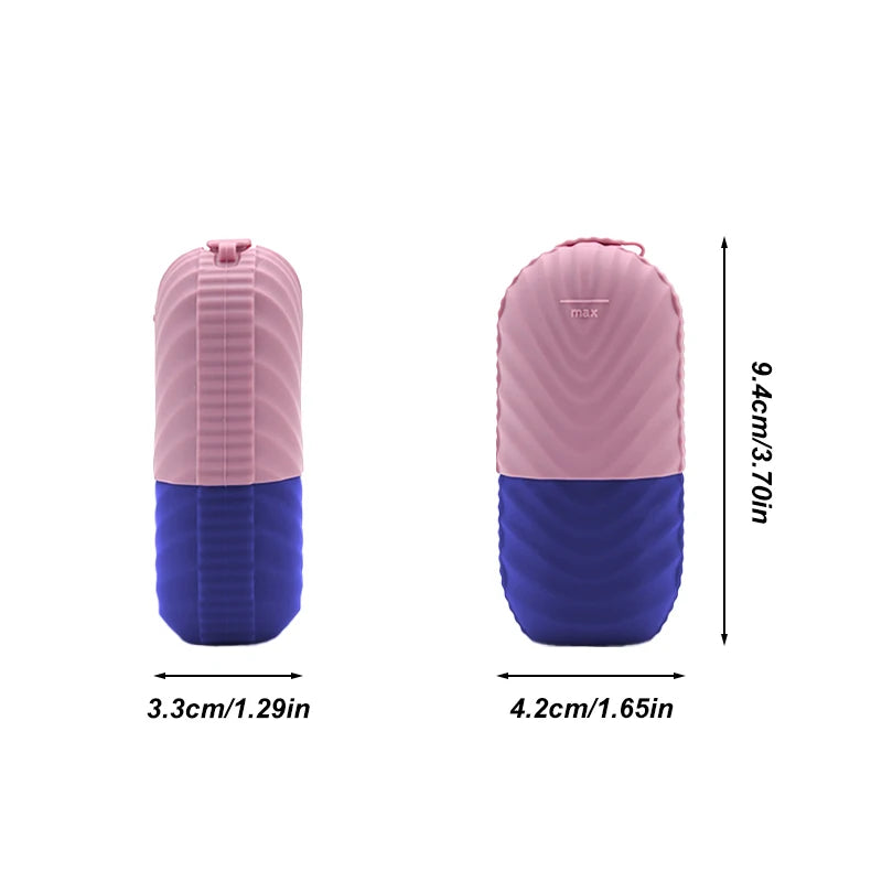 Schéma des dimensions de l'applicateur de beauté facial en silicone rose et bleu marine - largeur 3,3cm/1,29in et 4,2cm/1,65in, hauteur 9,4cm/3,70in, moule à glace compact et ergonomique pour massage cryothérapie visage