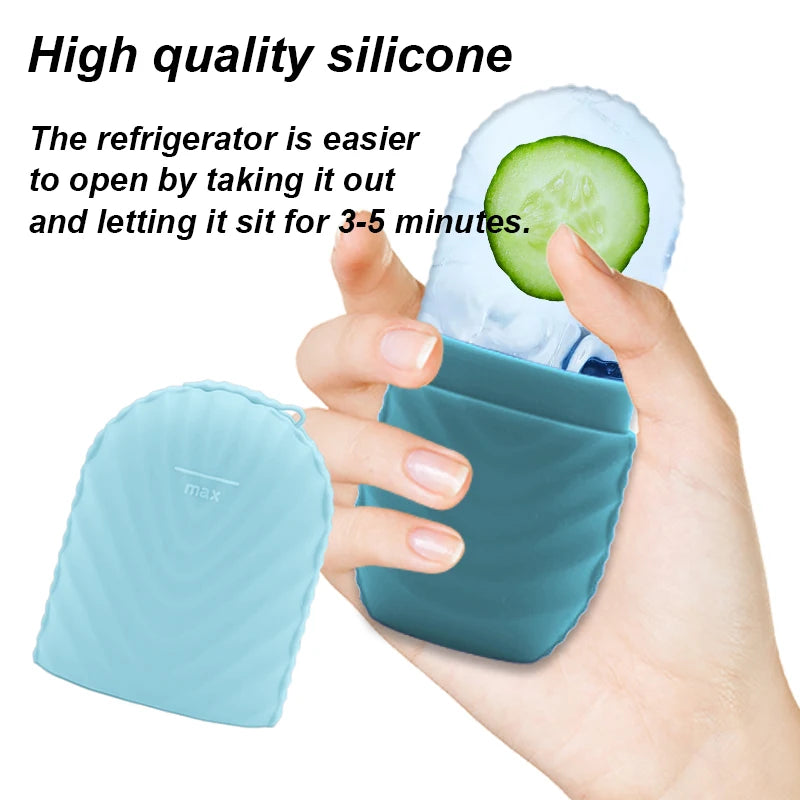  Démonstration d'utilisation de l'applicateur de beauté facial en silicone turquoise rempli de glace et concombre pour massage rafraîchissant anti-poches, silicone de haute qualité facile à ouvrir après 3-5 minutes au congélateur