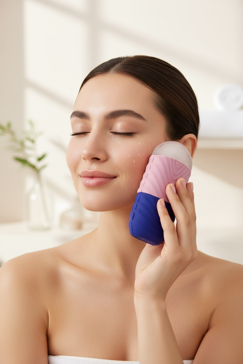 Femme utilisant applicateur massage facial glacé