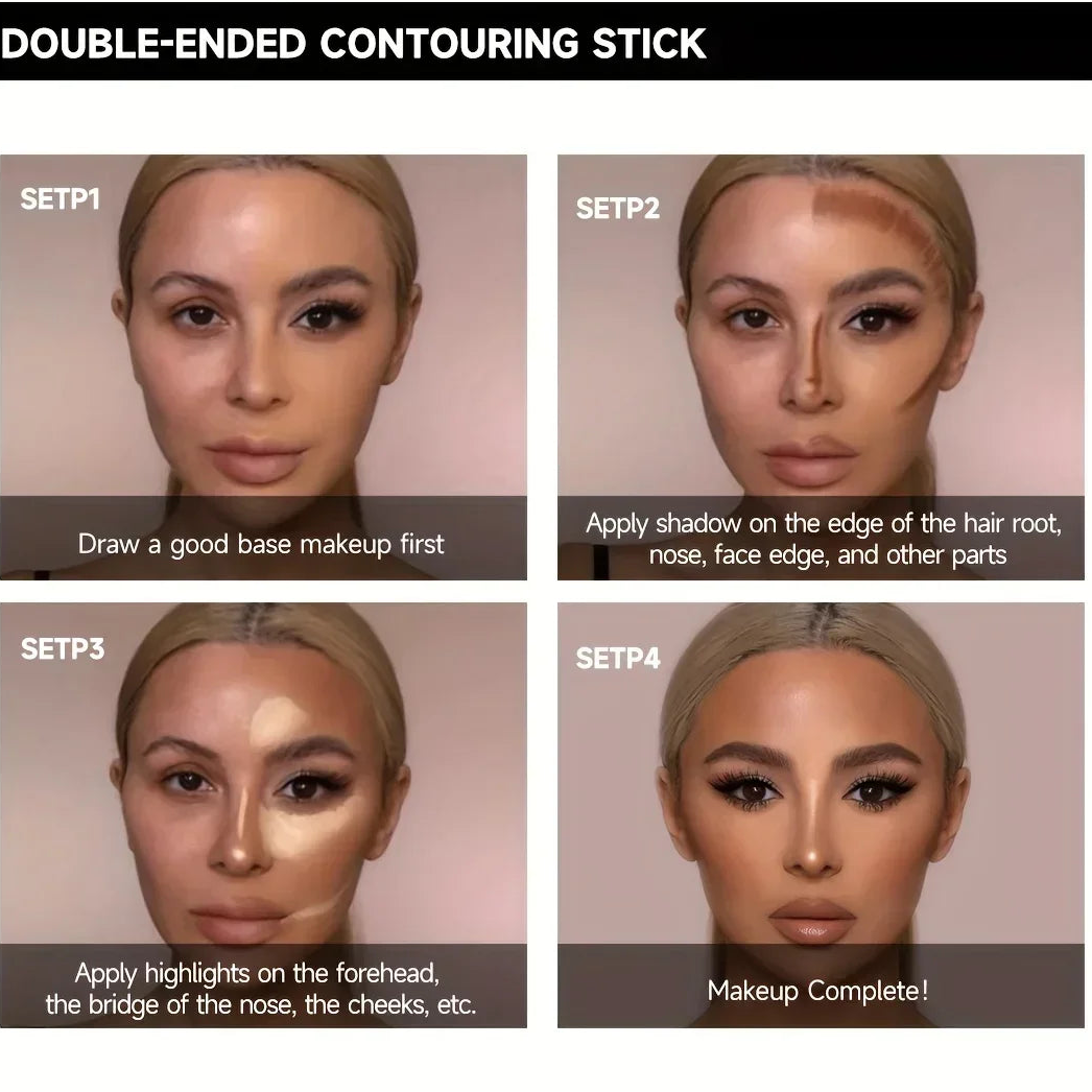 Tutoriel d'application du stick contour double embout en 4 étapes : préparation de la base, application des ombres, pose des highlights, résultat final pour un teint sculpté et lumineux